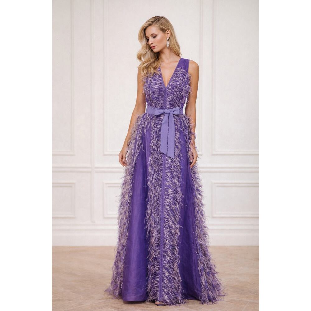 HUISHAN ZHANG Women's Purple 100% Silk Beau Feather Trim Maxi Gown Size US 6